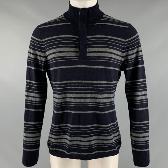 ELIE TAHARI Size M Navy Grey Stripe Merino Wool Long Sleeve Pullover - Picture 1 of 6